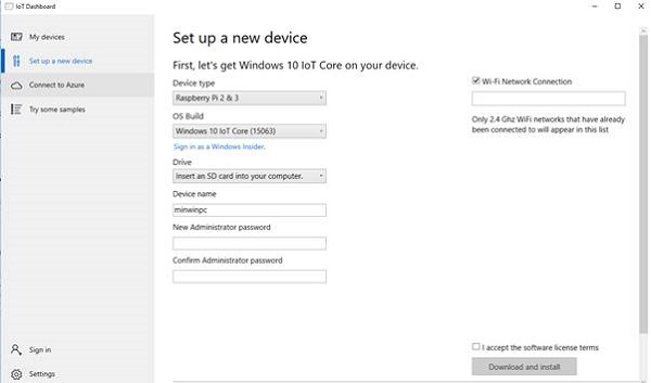 The Windows IoT Core Dashboard running