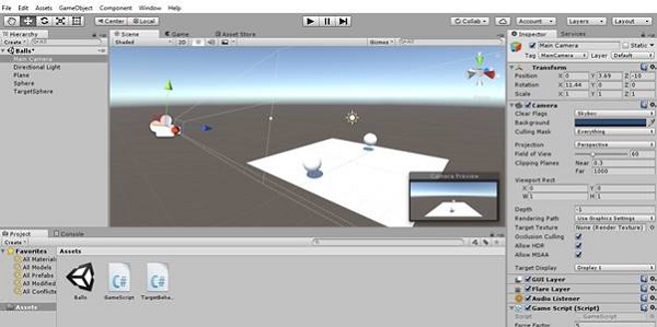 The Unity3D scene as shown once created