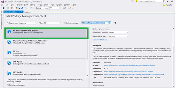Add the Microsoft.Exchange.Webservices NuGet package