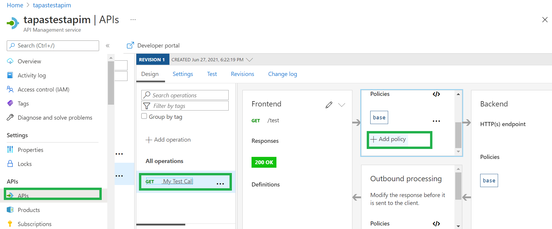 How to add a policy to an api in Azure