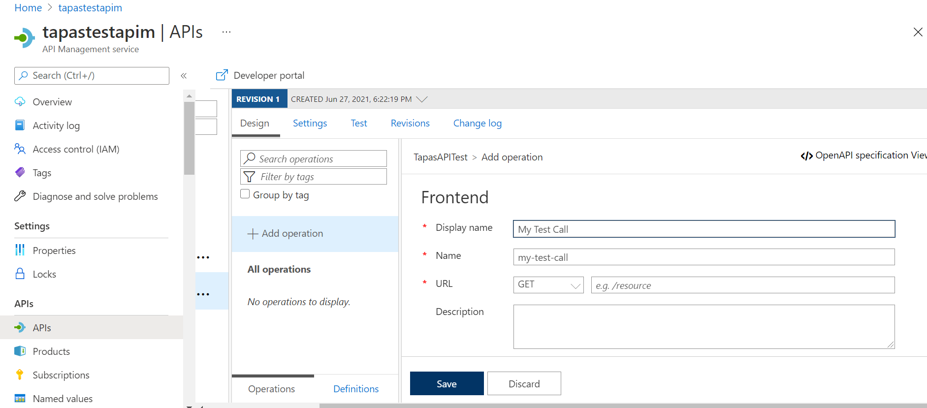 Adding details to a blank API in Azure