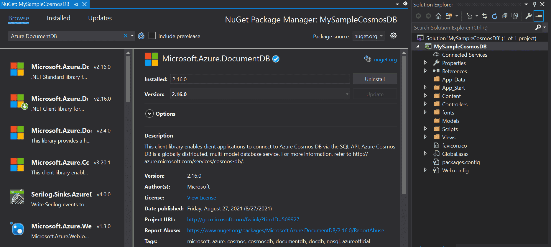 Install NuGet Azure CosmoDB