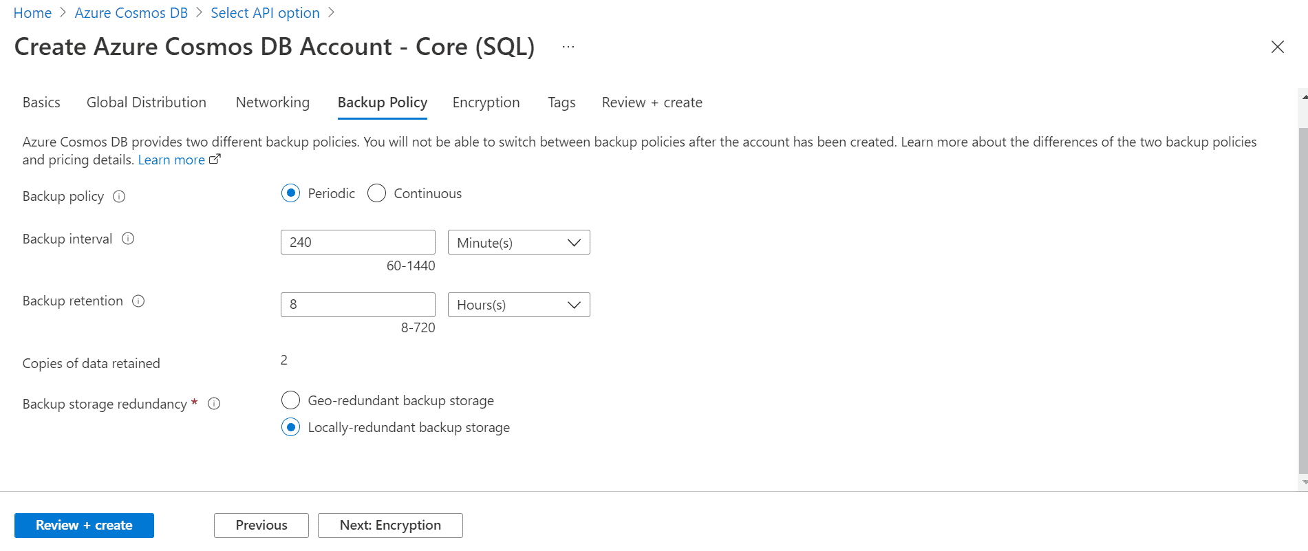 Backup Azure ComsoDB