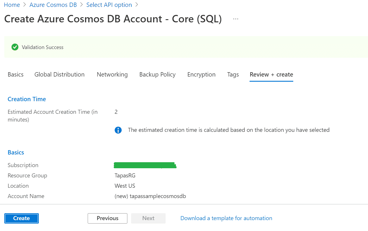 Azure CosmoDB Create