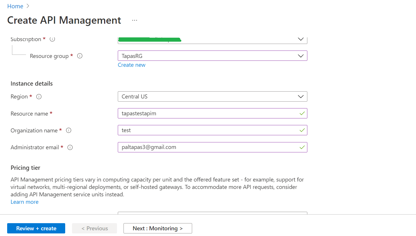 Creating API Management in Azure