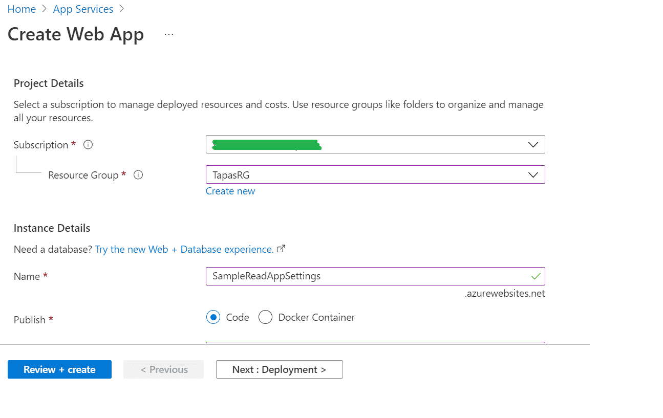Creating a new web app service in Azure