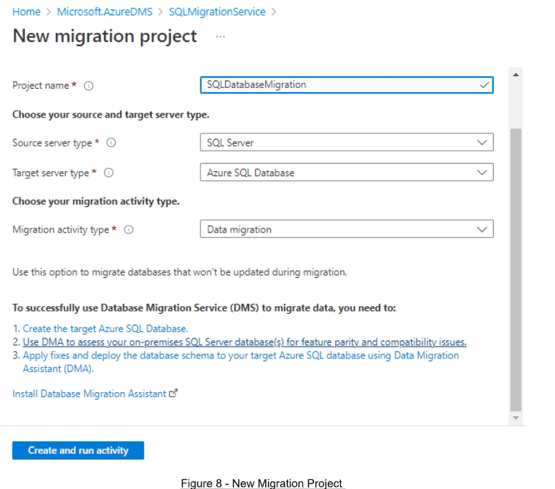 New Azure database migration service project